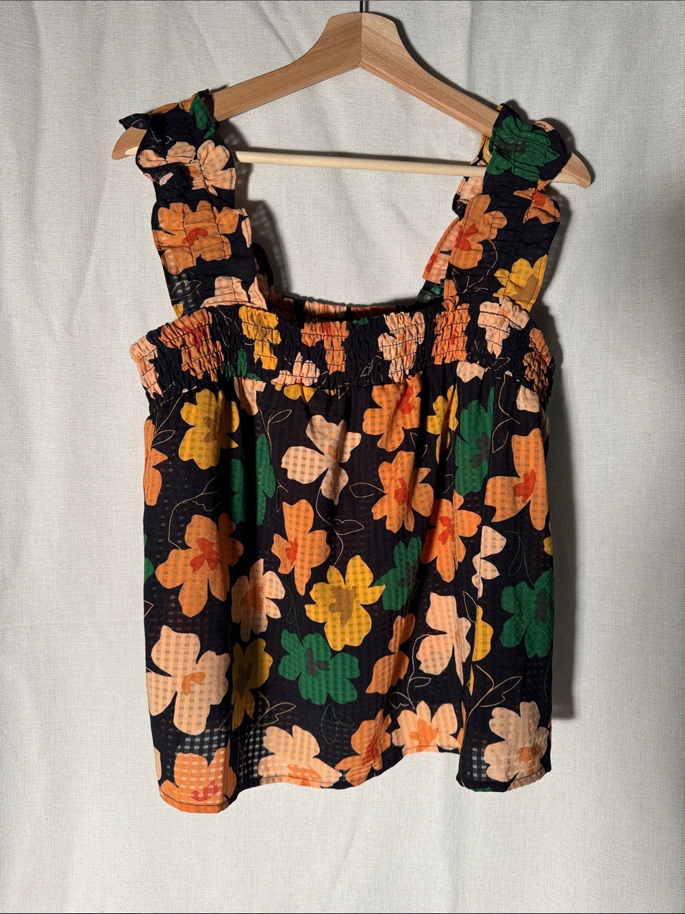 Who What Wear Black Smocked Tank Top with Orange, Yellow & Green Floral Print